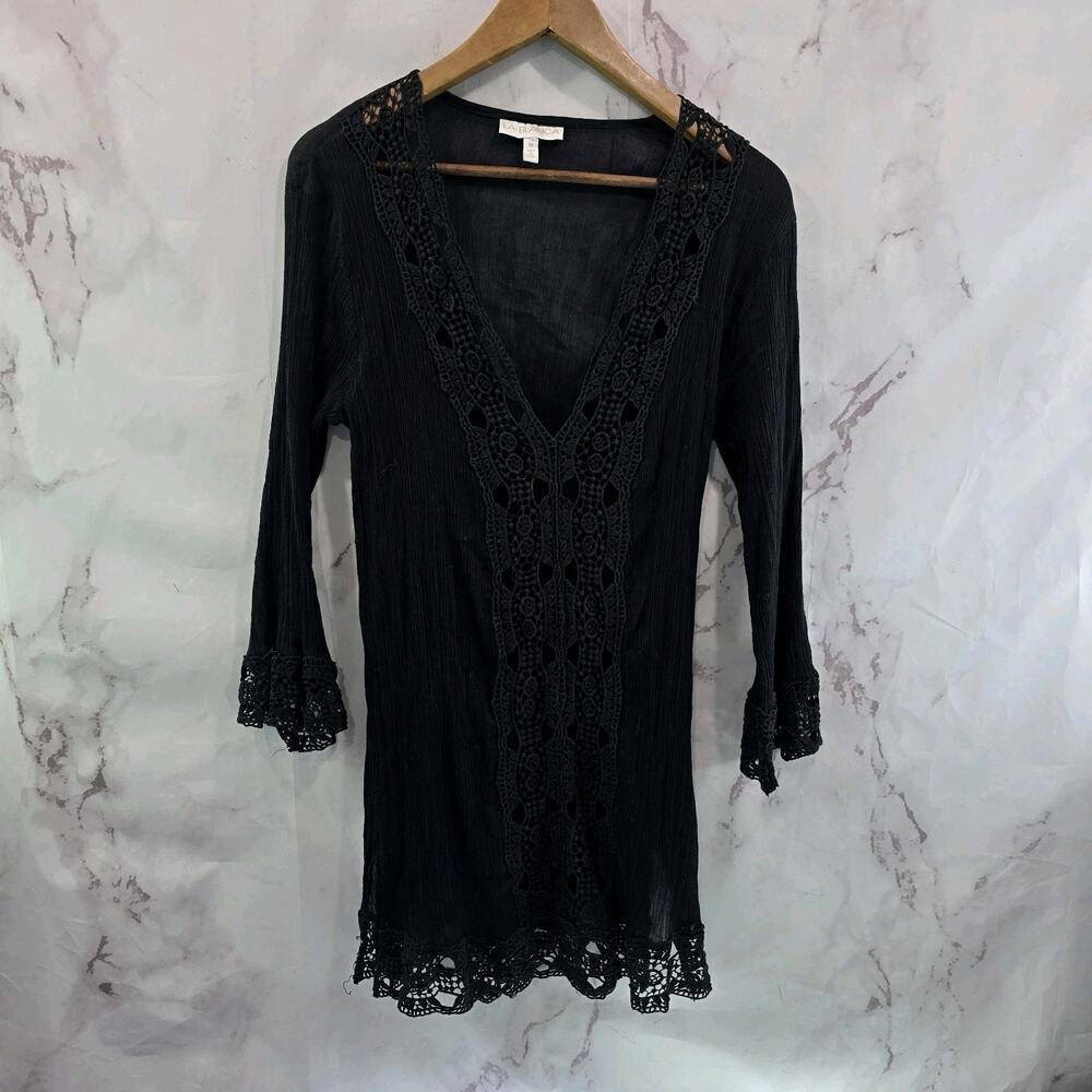La Blanca Cover Up Womens Medium Black Beach Topper Dress Gauze Lace Long Sleeve